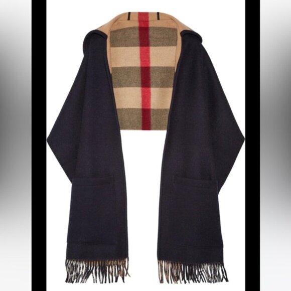 BURBERRY BLACK TO CHECK REVERSIBLE HOODED CAPE PONCHO LARGE SCARF WITH P… - Picture 3 of 12